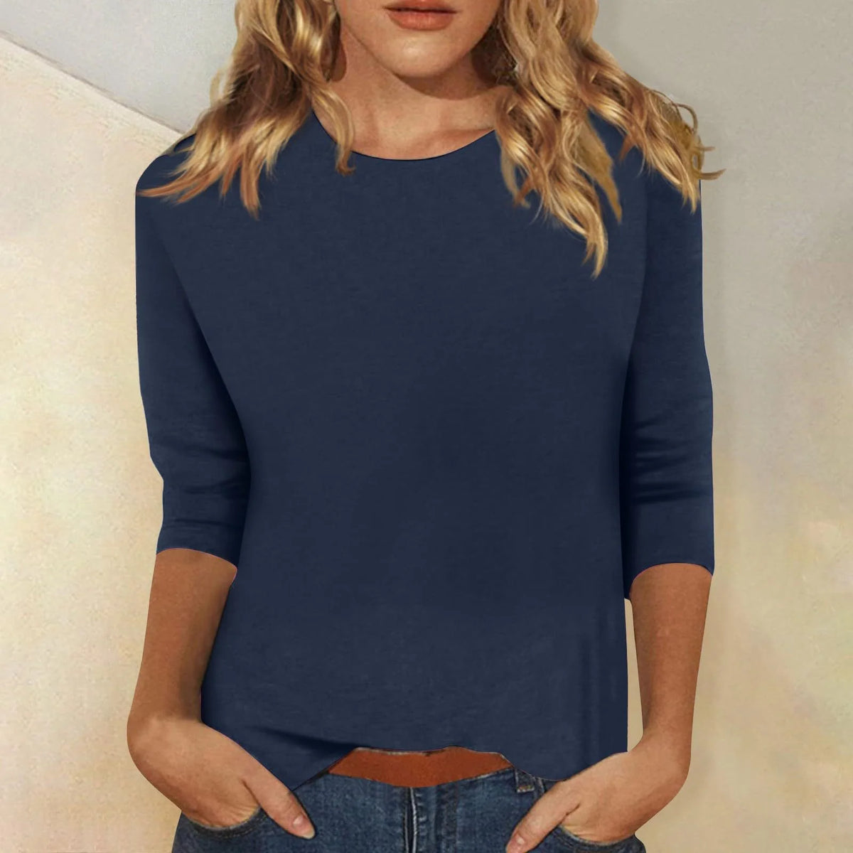Navy Blue Women's Casual Top with Round Neckline & Three-Quarter Sleeves - Side Angle
