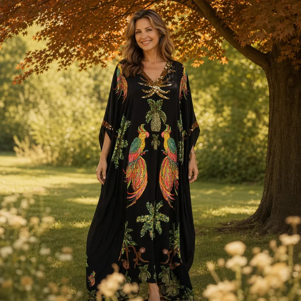 Black Women's Tropical V-Neck Maxi Kaftan Dress — Freya Sequin Beach Boho - Front Full