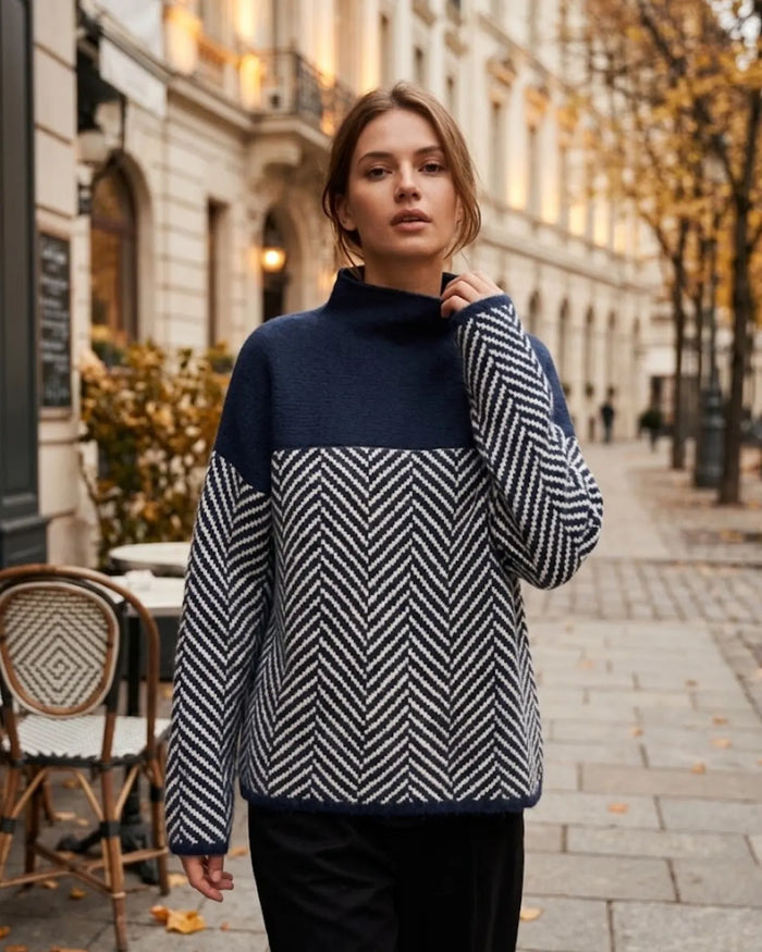 Blue Women's Cashmere Sweater with Turtleneck Collar & Chevron Pattern