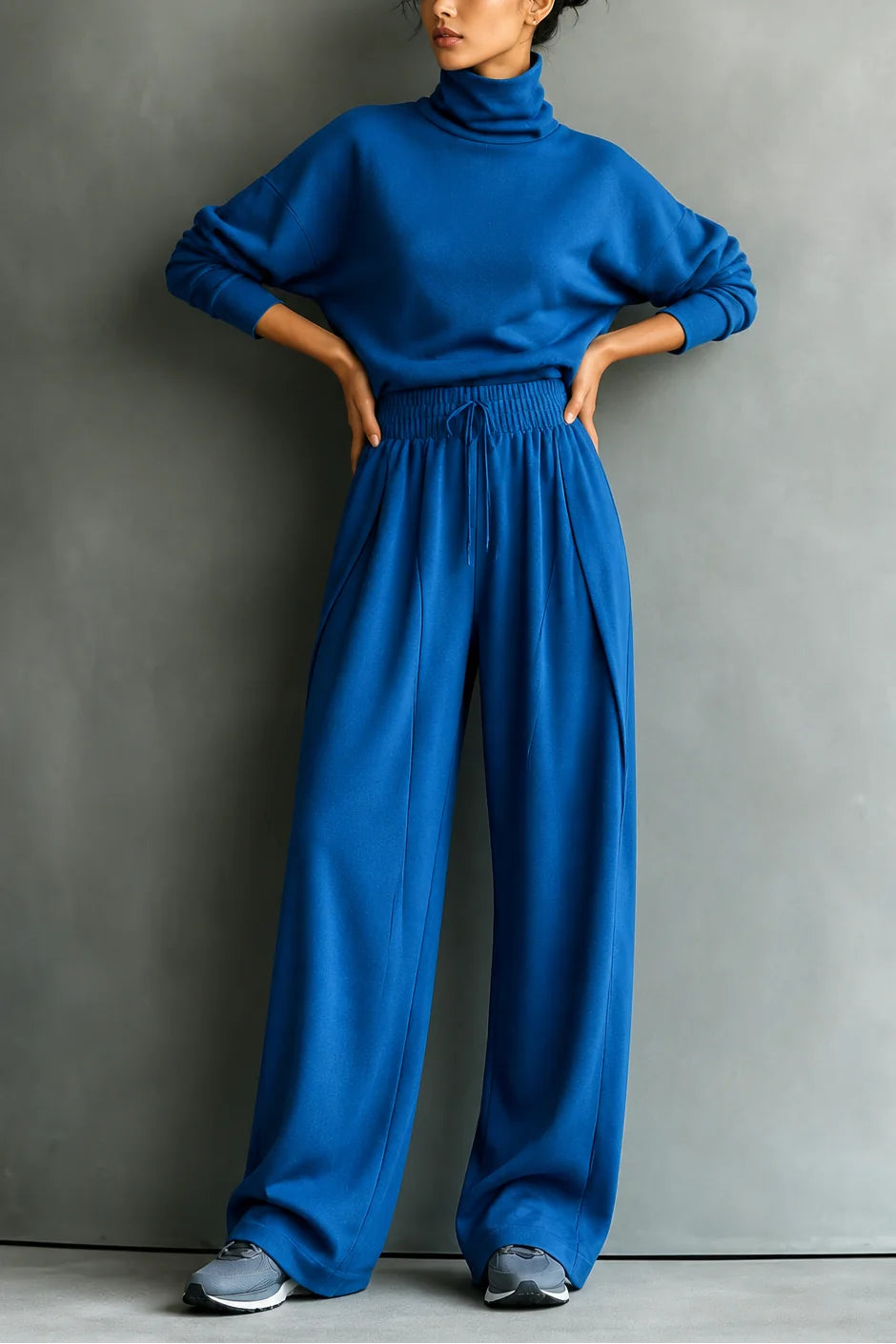 Blue Women's Turtleneck Pants Set with Wide-Leg Trousers & Relaxed Drape