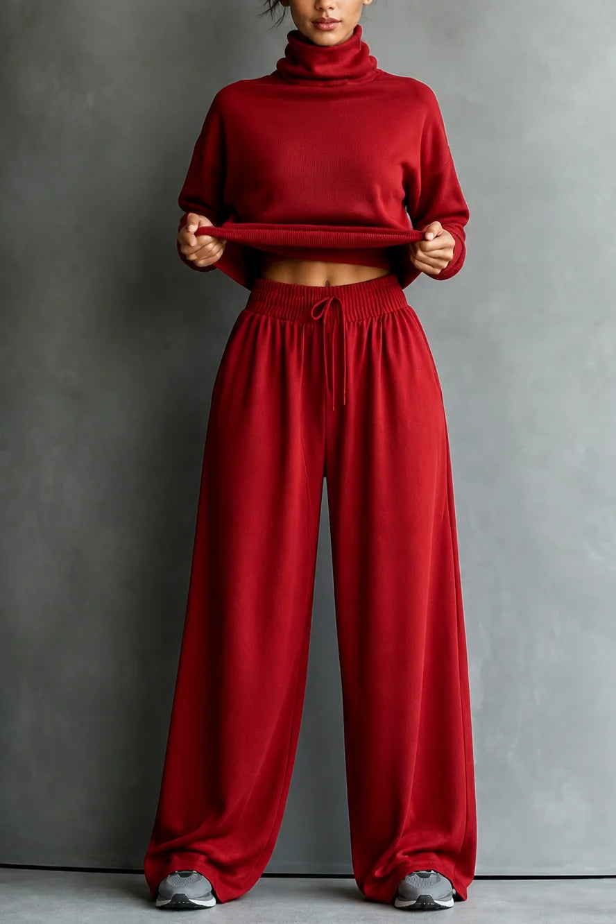 Dark Red Women's Turtleneck Pants Set with Wide-Leg Trousers & Relaxed Drape