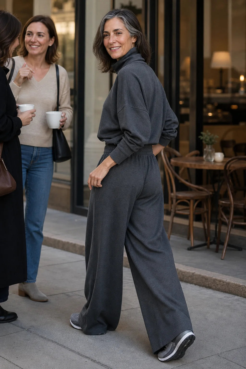 Women's Turtleneck Pants Set with Wide-Leg Trousers & Relaxed Drape - Back Pose Street