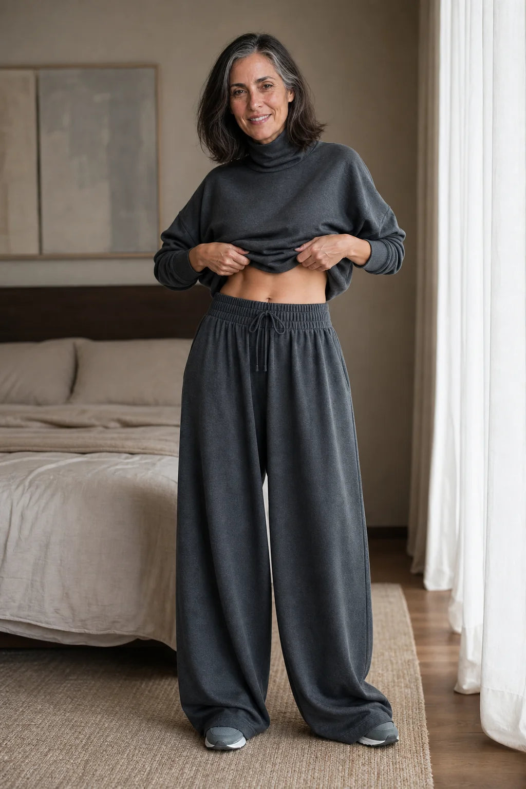 Women's Turtleneck Pants Set with Wide-Leg Trousers & Relaxed Drape - Cropped Top Lifestyle