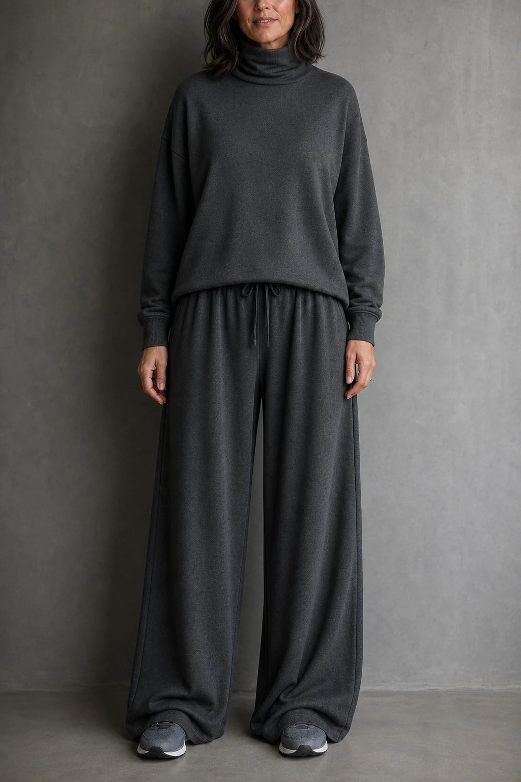 Grey Women's Turtleneck Pants Set with Wide-Leg Trousers & Relaxed Drape - Front Full Studio
