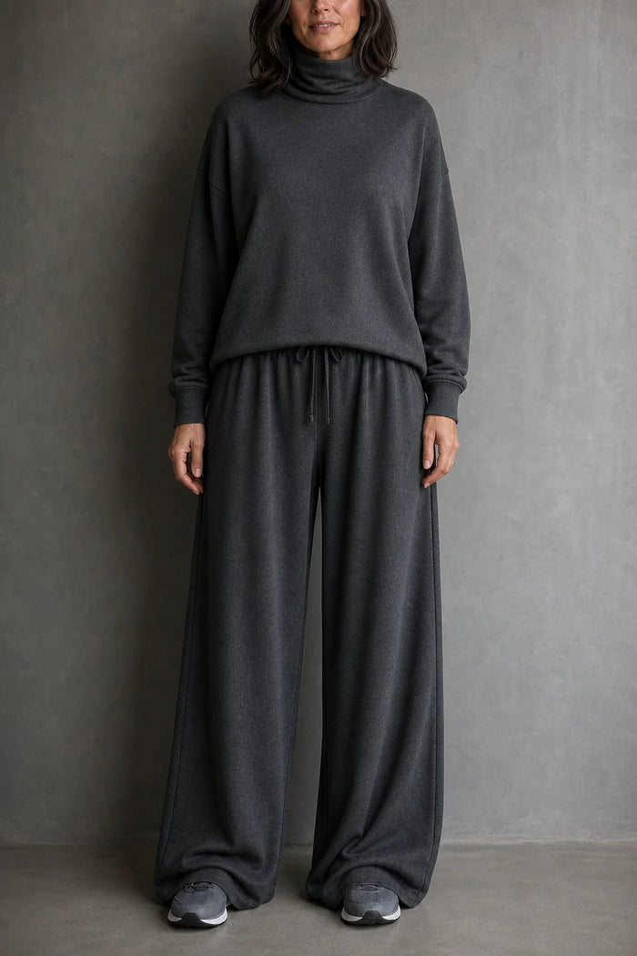 Grey Women's Turtleneck Pants Set with Wide-Leg Trousers & Relaxed Drape - Front Full Studio