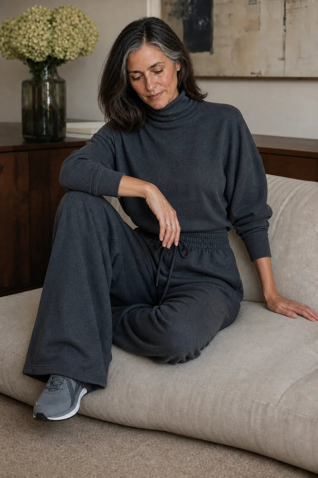 Women's Turtleneck Pants Set with Wide-Leg Trousers & Relaxed Drape - Seated Lifestyle