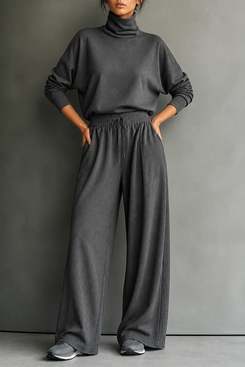 Women's Turtleneck Pants Set with Wide-Leg Trousers & Relaxed Drape