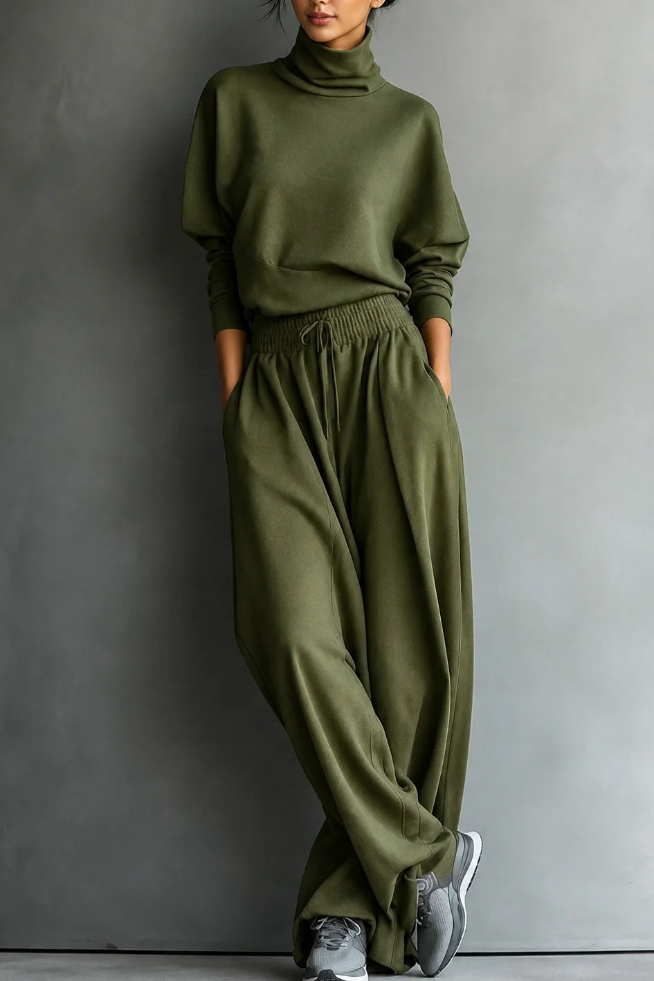 Olive Green Women's Turtleneck Pants Set with Wide-Leg Trousers & Relaxed Drape