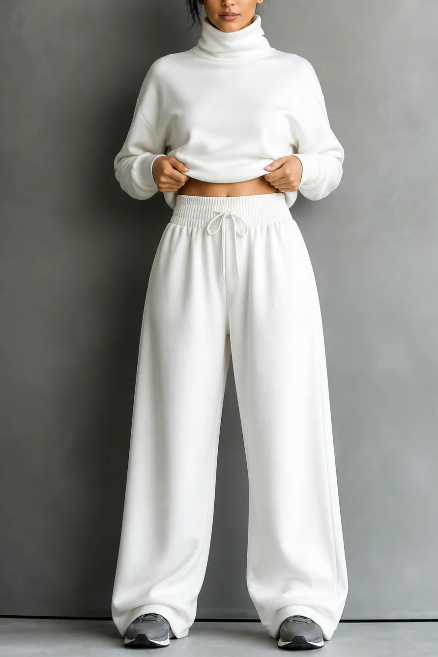 White Women's Turtleneck Pants Set with Wide-Leg Trousers & Relaxed Drape