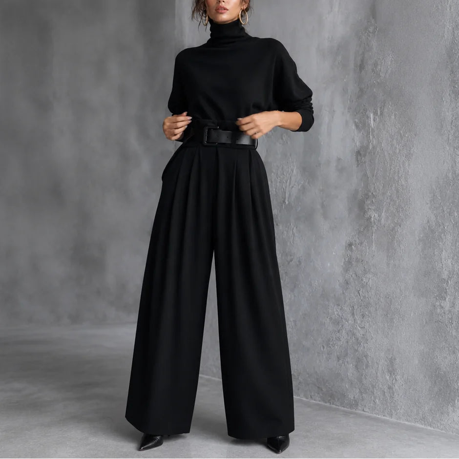 Black Women's Turtleneck Pants Set with High-Waisted Wide-Leg Trousers & Belt