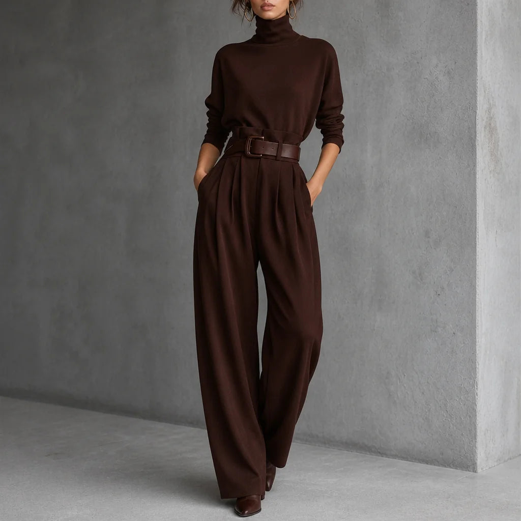 Brown Women's Turtleneck Pants Set with High-Waisted Wide-Leg Trousers & Belt