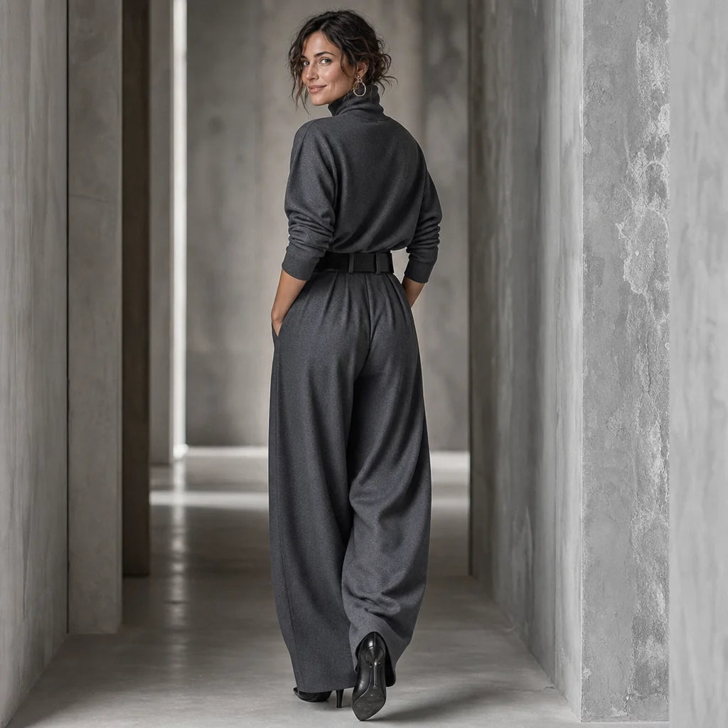 Women's Turtleneck Pants Set with High-Waisted Wide-Leg Trousers & Belt - Back Walking Hallway