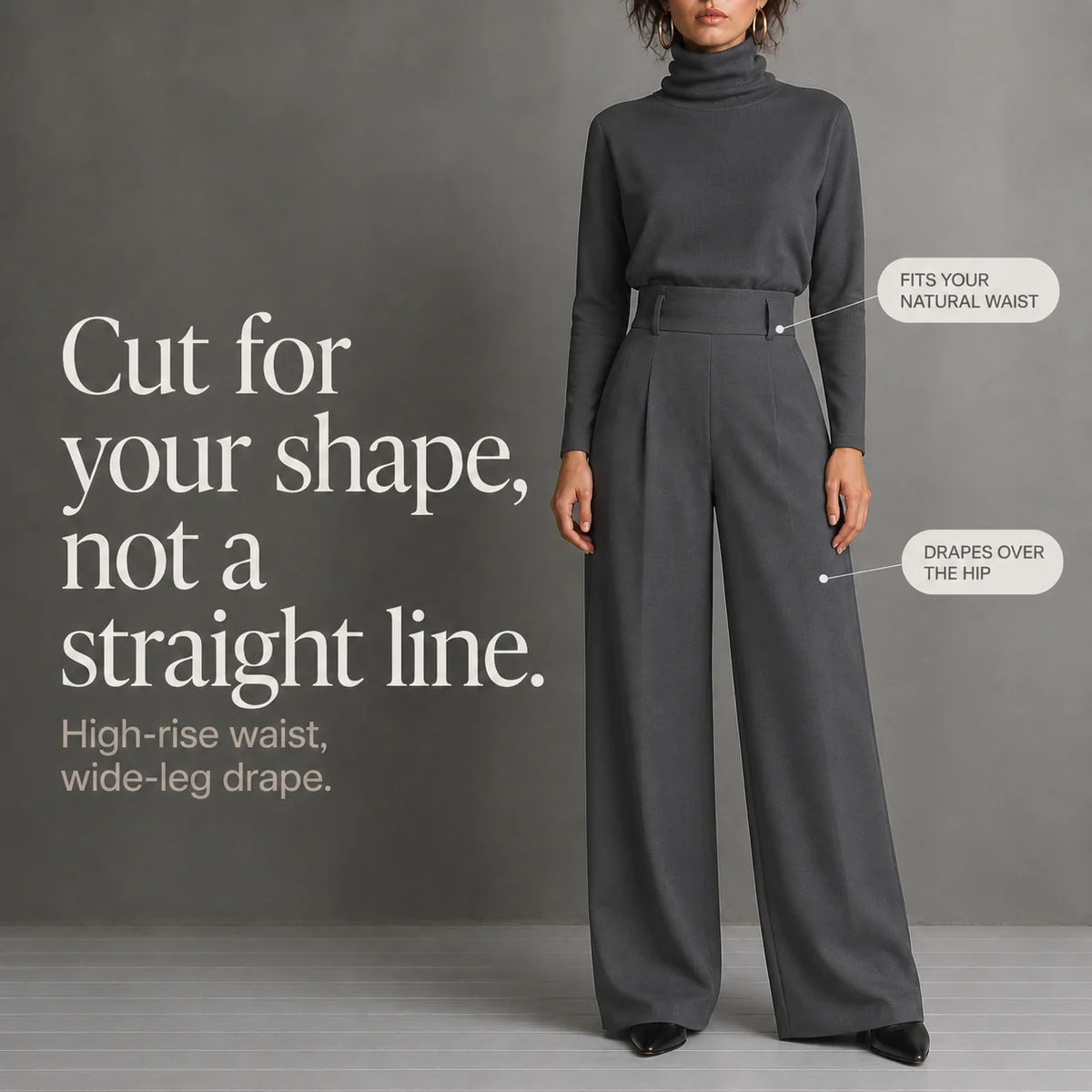 Women's Turtleneck Pants Set with High-Waisted Wide-Leg Trousers & Belt - Front Feature Callout