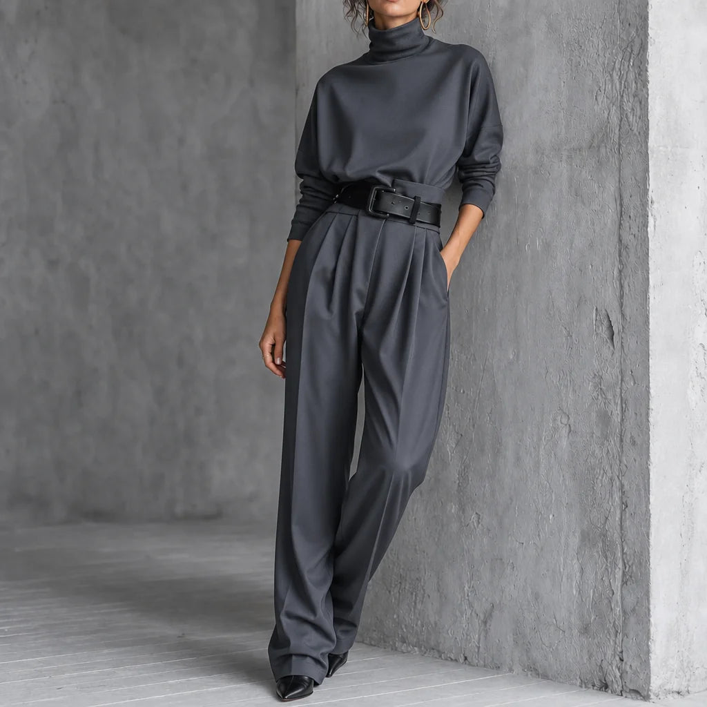 Grey Women's Turtleneck Pants Set with High-Waisted Wide-Leg Trousers & Belt - Front Full Leaning