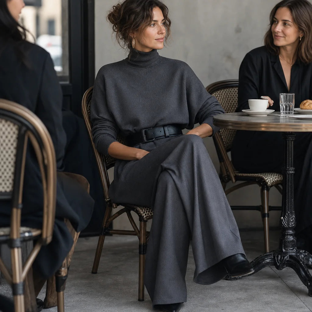 Women's Turtleneck Pants Set with High-Waisted Wide-Leg Trousers & Belt - Seated Cafe Crossed Legs