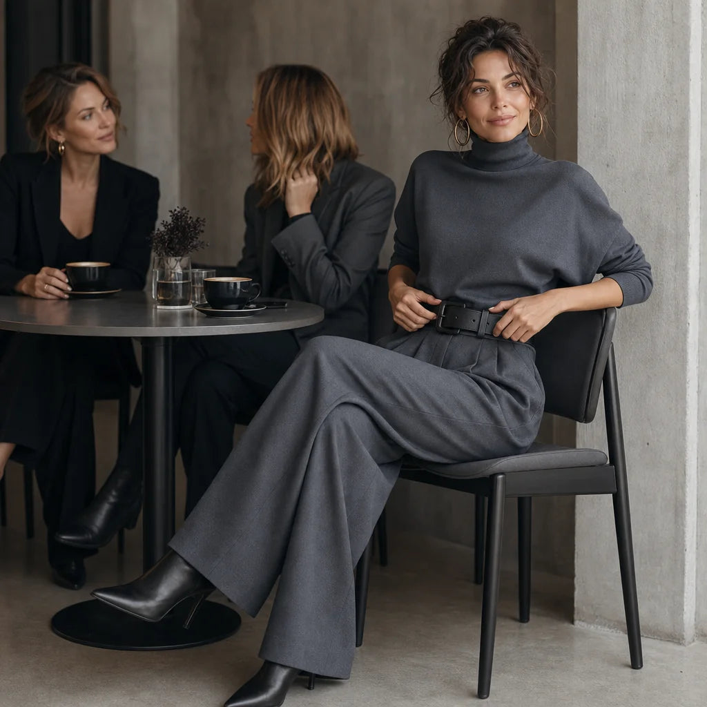 Women's Turtleneck Pants Set with High-Waisted Wide-Leg Trousers & Belt - Seated Cafe Group