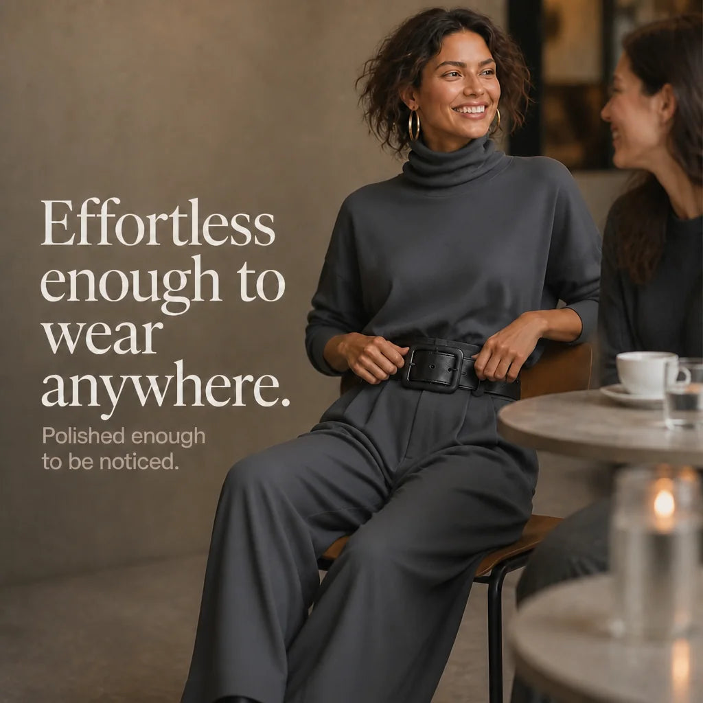 Women's Turtleneck Pants Set with High-Waisted Wide-Leg Trousers & Belt - Seated Smiling Cafe