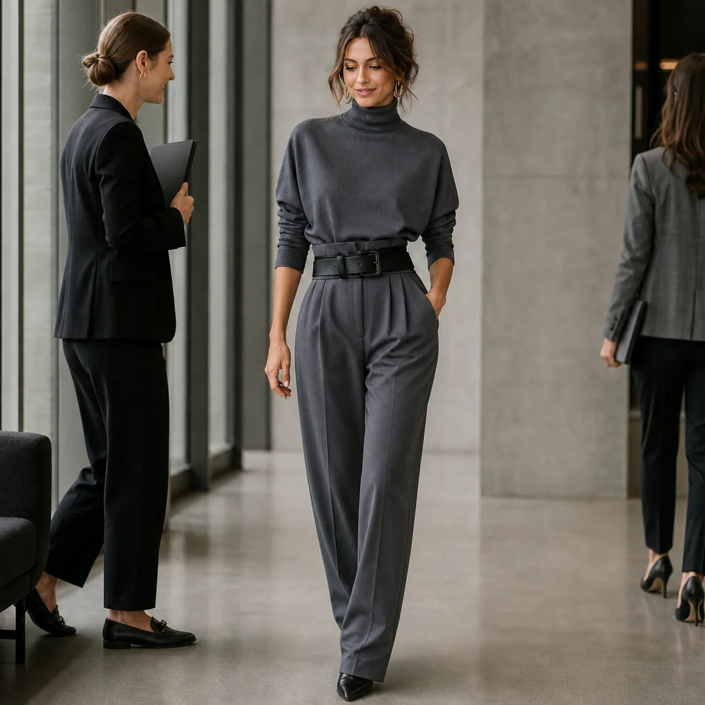 Women's Turtleneck Pants Set with High-Waisted Wide-Leg Trousers & Belt - Walking Office Hallway