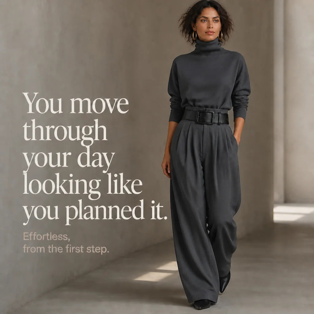 Women's Turtleneck Pants Set with High-Waisted Wide-Leg Trousers & Belt - Walking Text Overlay