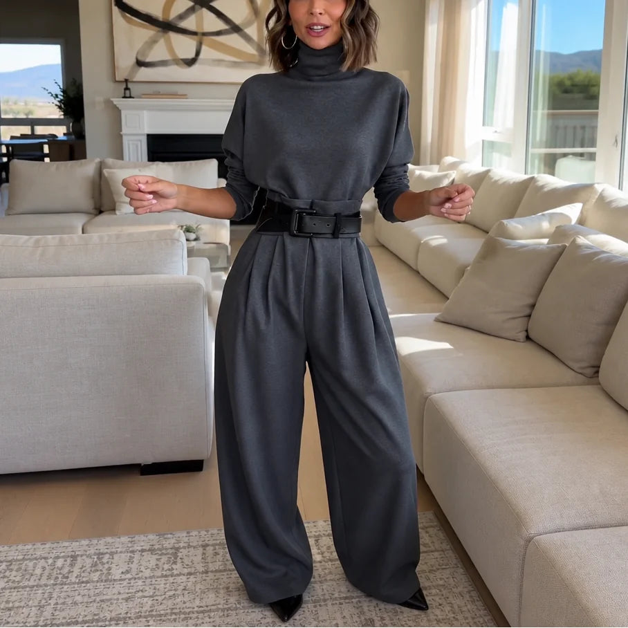 Women's Turtleneck Pants Set with High-Waisted Wide-Leg Trousers & Belt