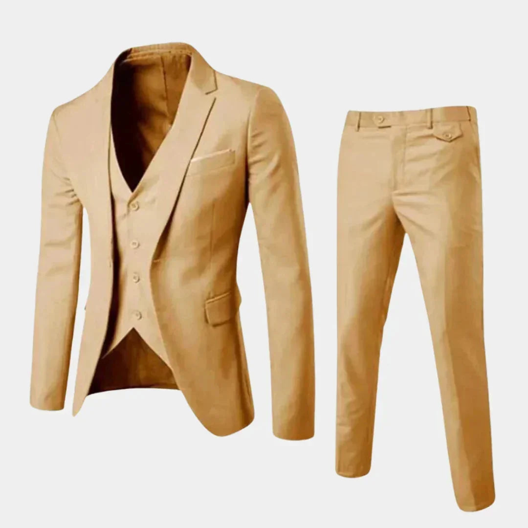Beige Men's Two-Piece Suit with Notched Lapel & Single-Button Closure