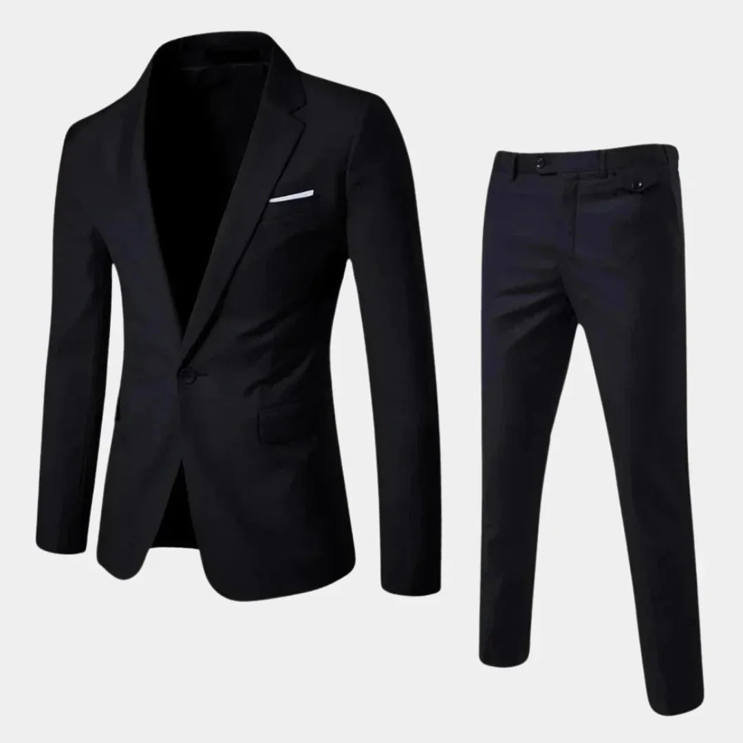Black Men's Two-Piece Suit with Notched Lapel & Single-Button Closure