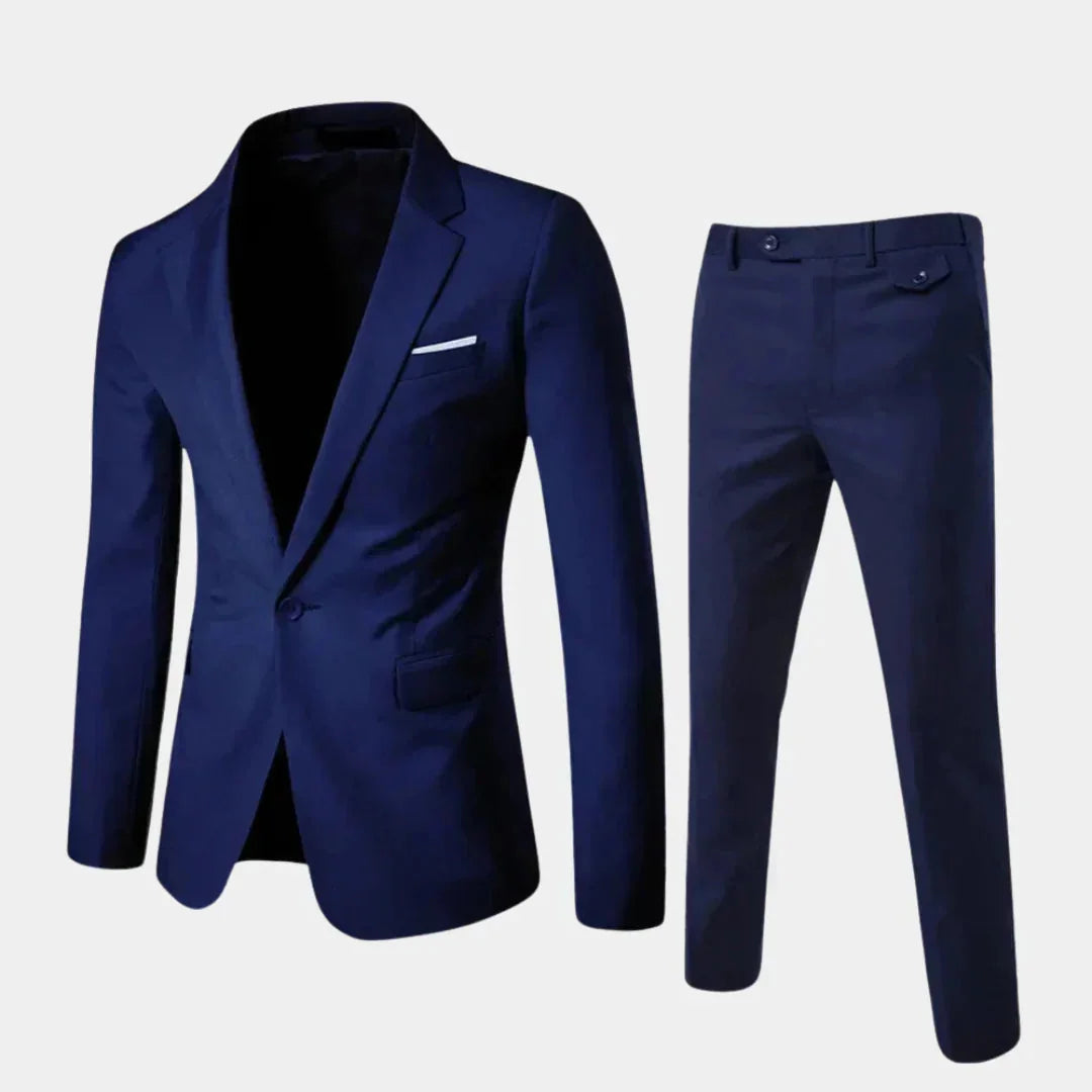 Dark Blue Men's Two-Piece Suit with Notched Lapel & Single-Button Closure - Full Length
