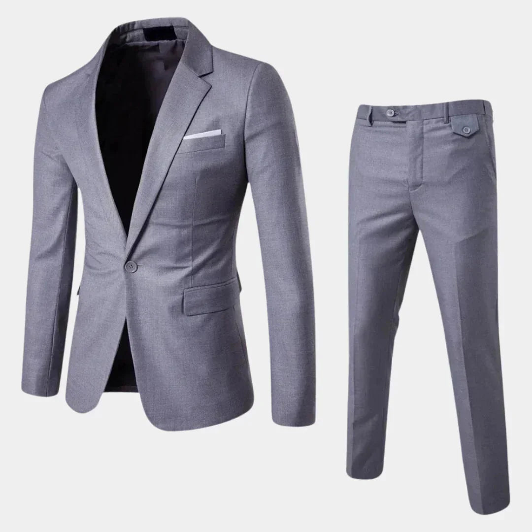 Grey Men's Two-Piece Suit with Notched Lapel & Single-Button Closure