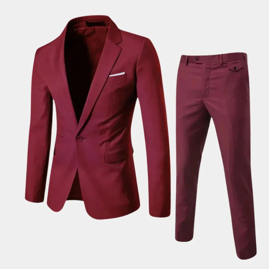 Red Men's Two-Piece Suit with Notched Lapel & Single-Button Closure