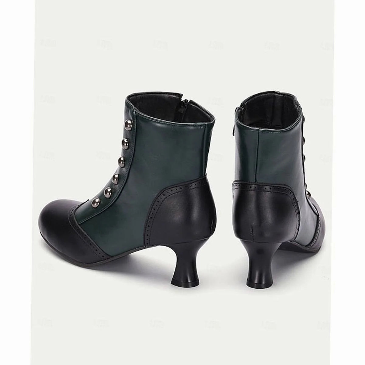 Women's Two-Tone Buttoned Ankle Boots with Spool Heel & Side Zip - Green Back View Pair