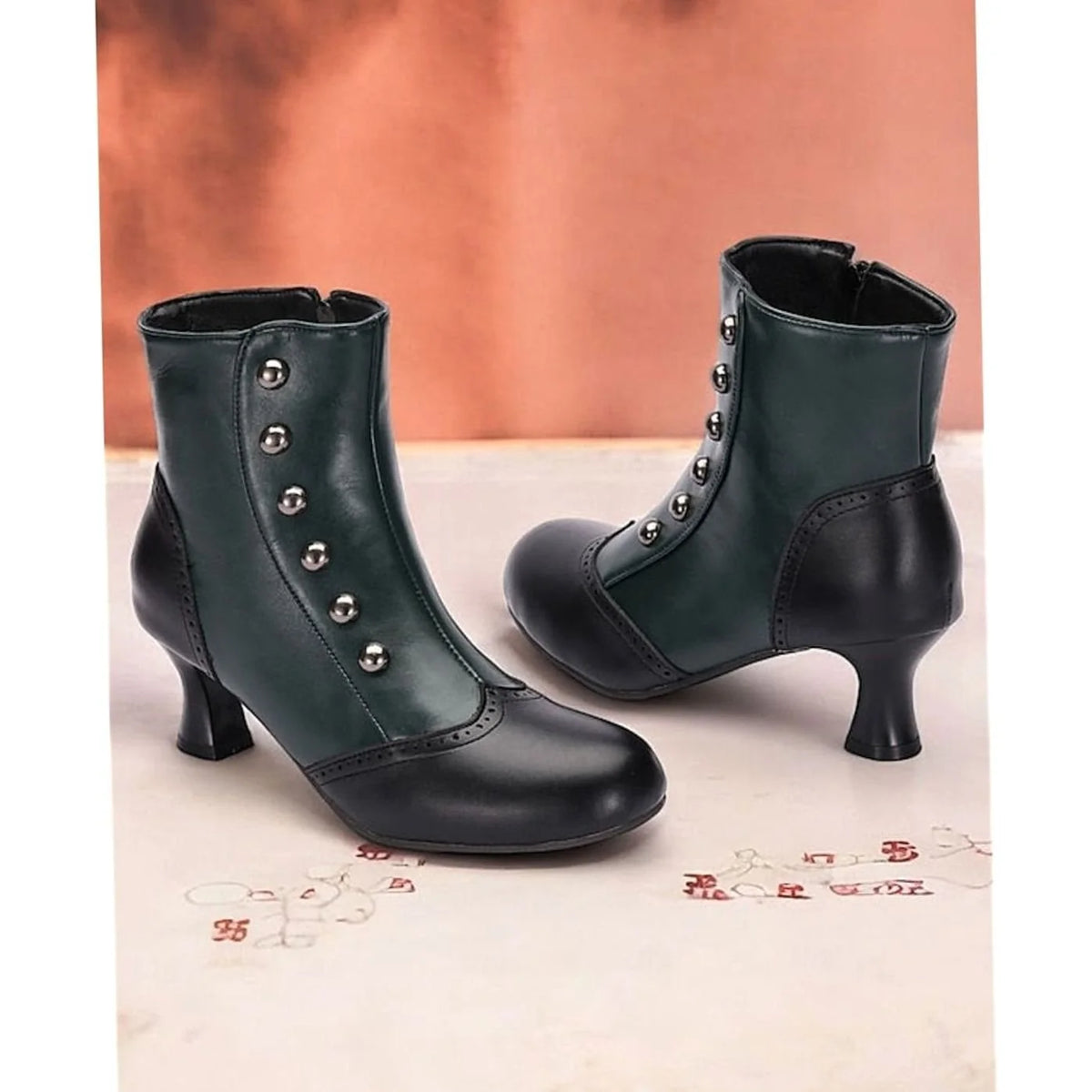 Women's Two-Tone Buttoned Ankle Boots with Spool Heel & Side Zip - Green Pair Angled Shot