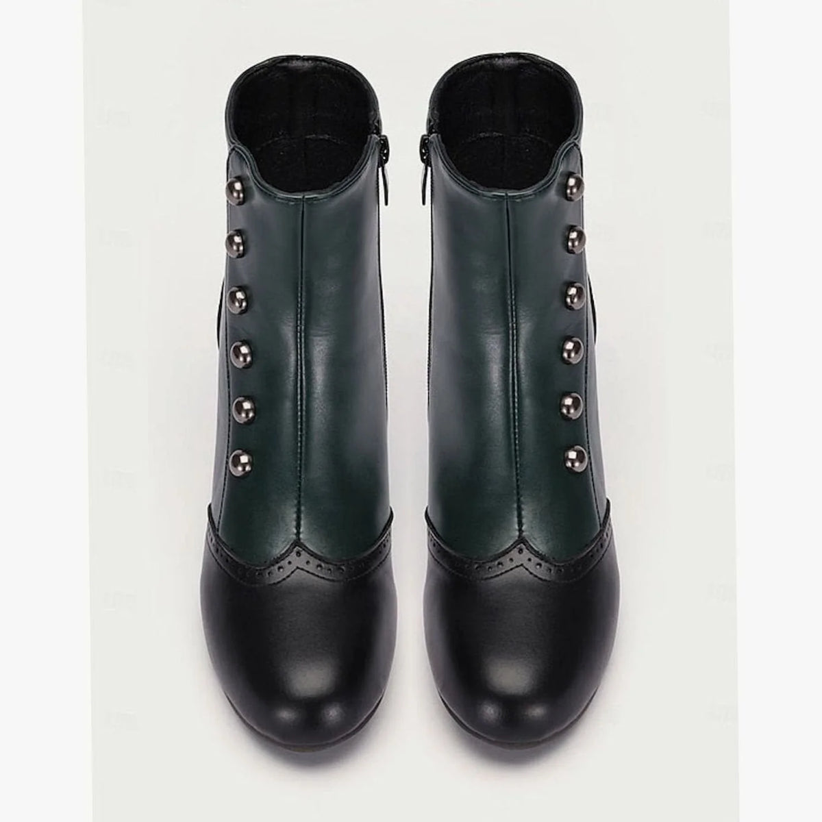 Women's Two-Tone Buttoned Ankle Boots with Spool Heel & Side Zip - Green Top Down View