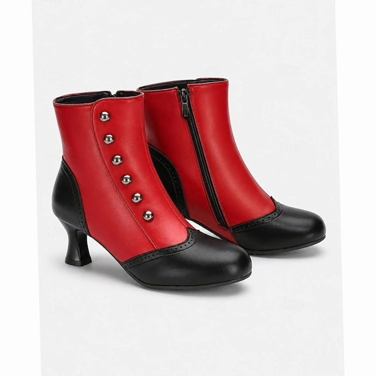Black/Red Women's Two-Tone Buttoned Ankle Boots with Spool Heel & Side Zip - Pair Studio Shot