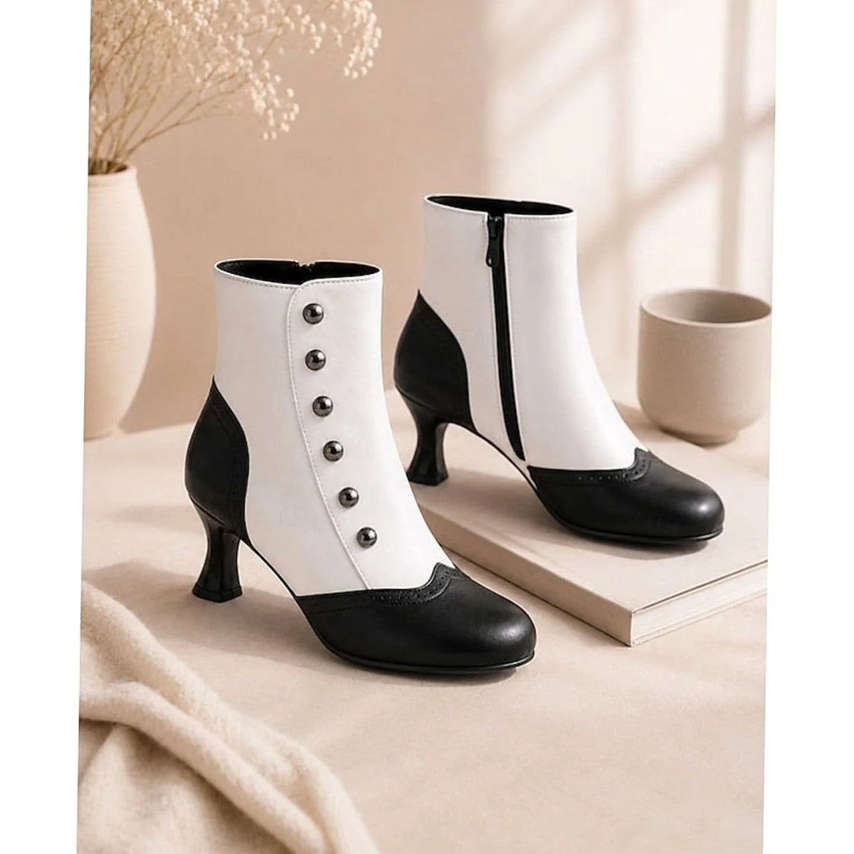 Black/White Women's Two-Tone Buttoned Ankle Boots with Spool Heel & Side Zip - Pair Product Shot