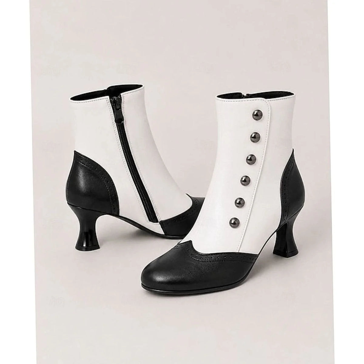 Women's Two-Tone Buttoned Ankle Boots with Spool Heel & Side Zip - White Side Angle Pair