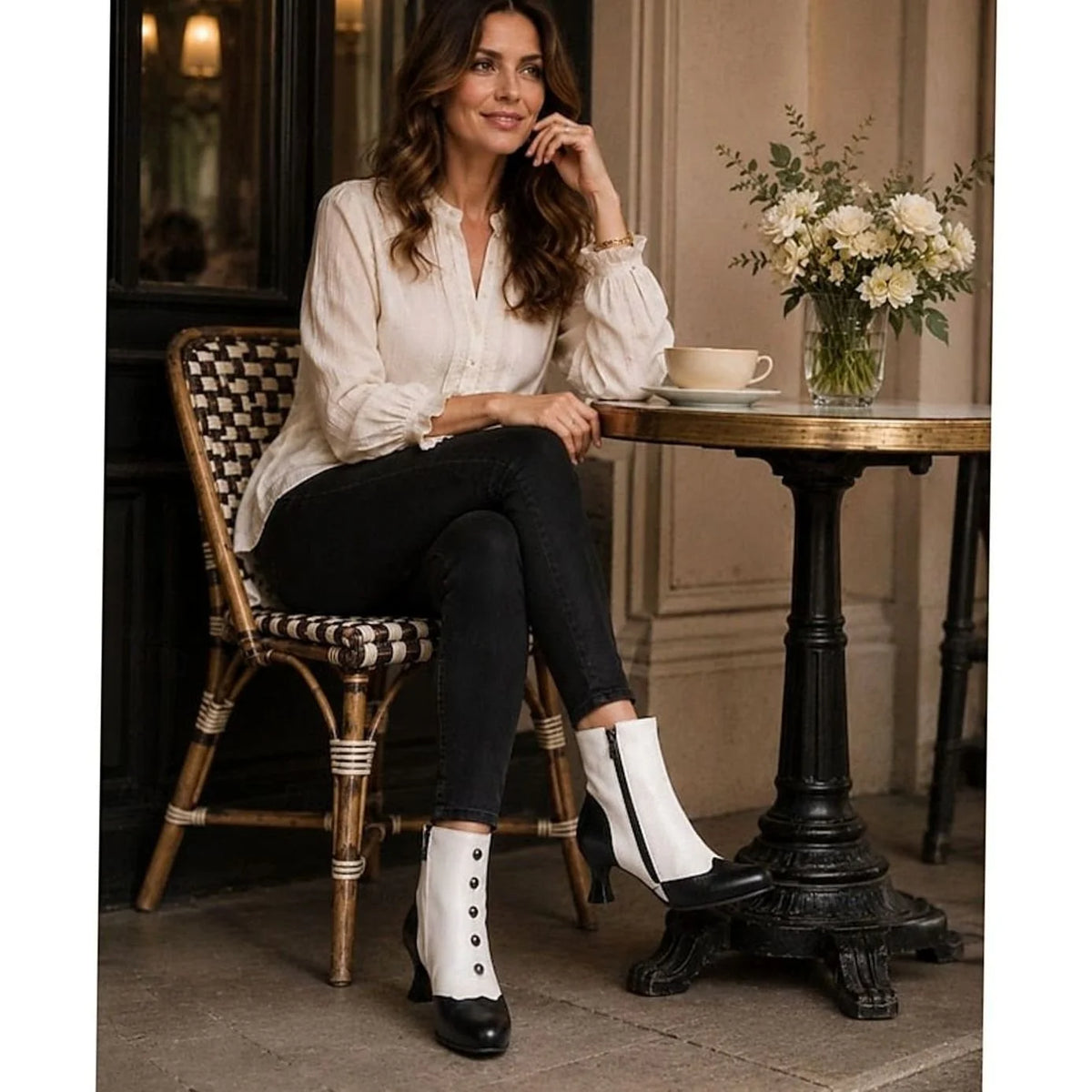 Women's Two-Tone Buttoned Ankle Boots with Spool Heel & Side Zip - White Worn Seated Cafe
