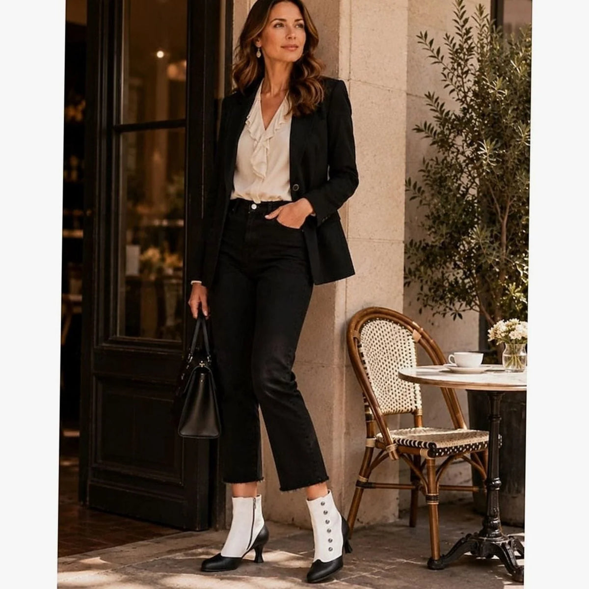 Women's Two-Tone Buttoned Ankle Boots with Spool Heel & Side Zip - White Worn Standing Outdoor