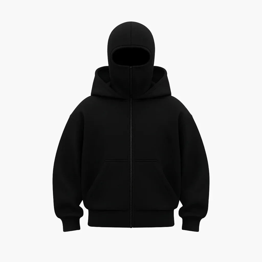 Black Unisex Hoodie with Integrated Balaclava Hood & Full-Zip Front - Studio Flat