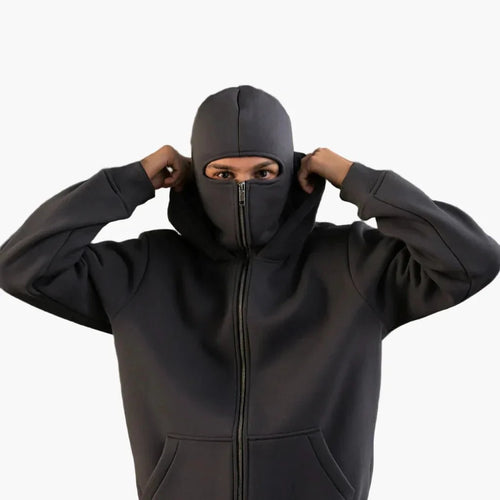 Dark Grey Unisex Hoodie with Integrated Balaclava Hood & Full-Zip Front