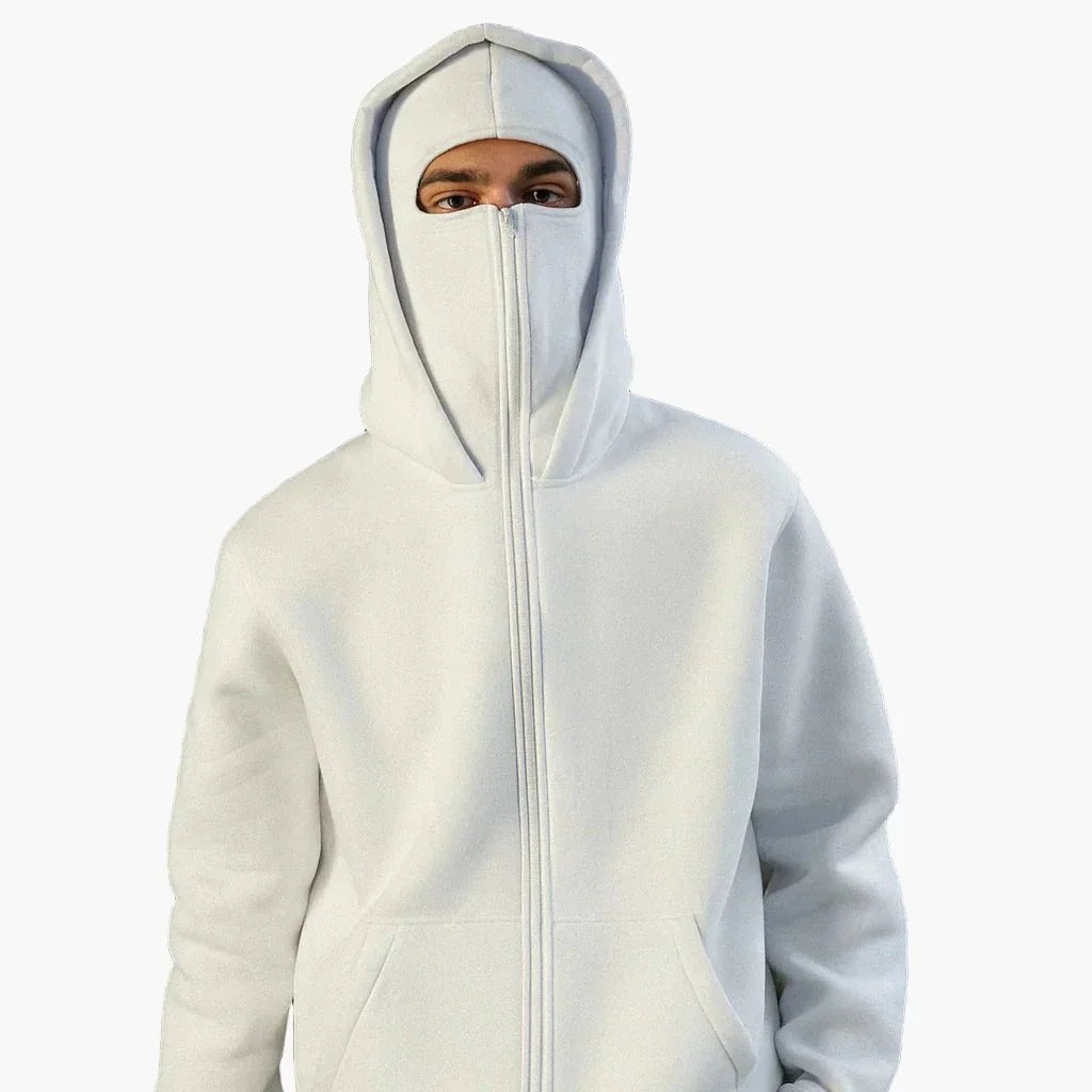 White Unisex Hoodie with Integrated Balaclava Hood & Full-Zip Front - Front Full