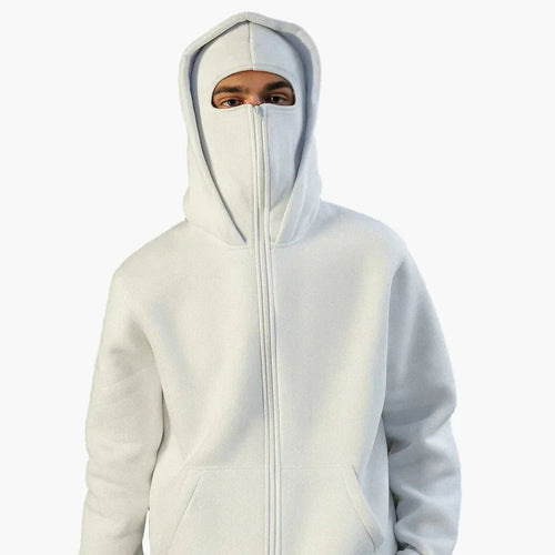 White Unisex Hoodie with Integrated Balaclava Hood & Full-Zip Front - Front Full