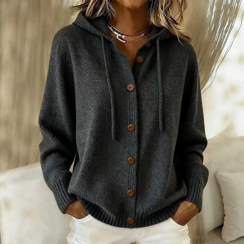 Black Women's Hooded Cardigan with Button-Front Closure & Drawstring Hood