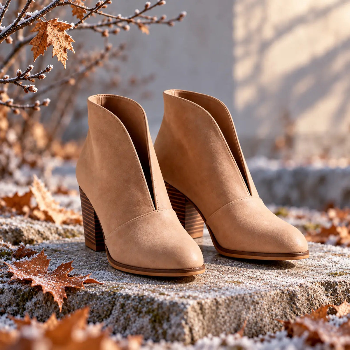 Women's V-Cut Ankle Boots with Almond Toe & Stacked Block Heel - Autumn Leaves Stone