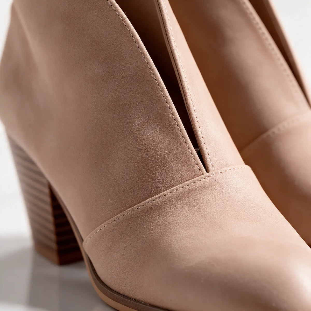 Women's V-Cut Ankle Boots with Almond Toe & Stacked Block Heel - Macro Vcut Detail