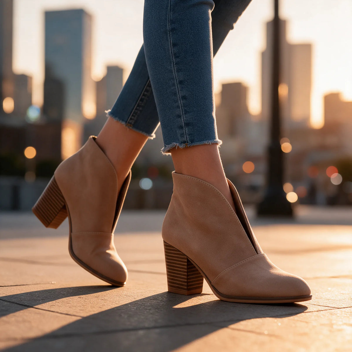 Women's V-Cut Ankle Boots with Almond Toe & Stacked Block Heel - Worn City Sunset