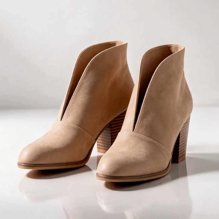 Beige Women's V-Cut Ankle Boots with Almond Toe & Stacked Block Heel