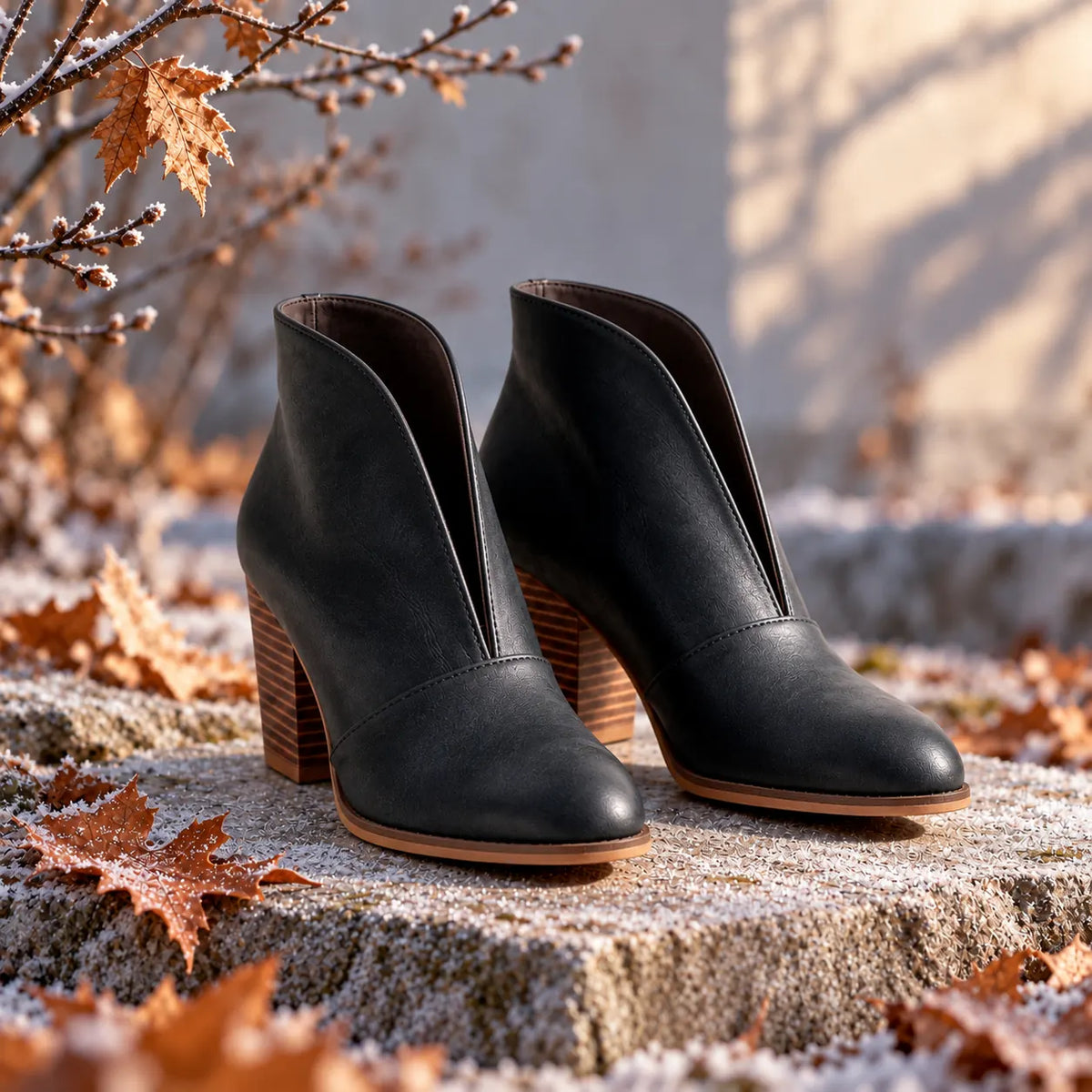 Women's V-Cut Ankle Boots with Almond Toe & Stacked Block Heel - Autumn Leaves Shadow