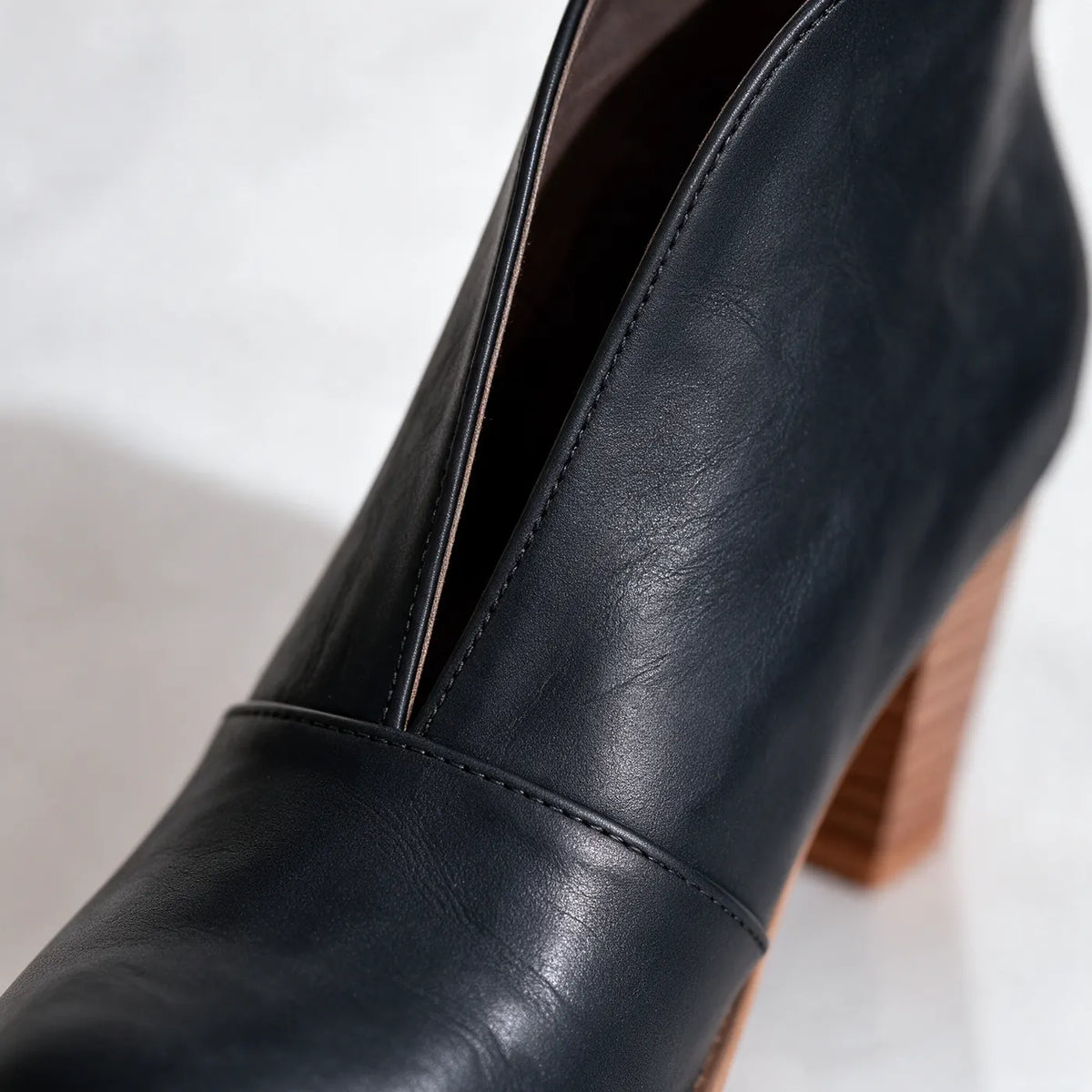 Women's V-Cut Ankle Boots with Almond Toe & Stacked Block Heel - Macro Heel Detail
