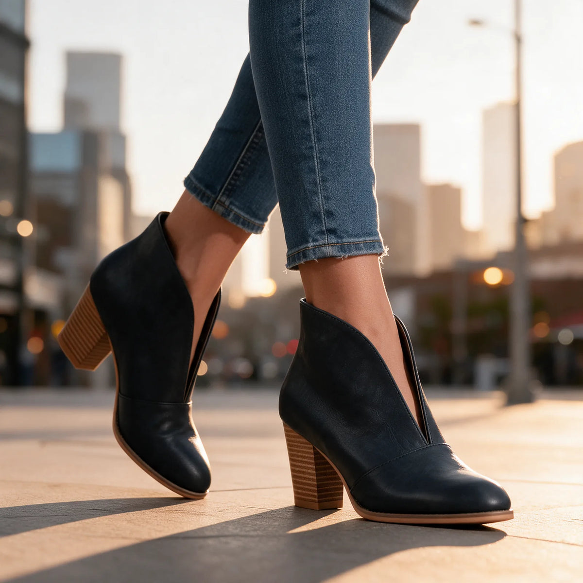 Women's V-Cut Ankle Boots with Almond Toe & Stacked Block Heel - Street Style Walking