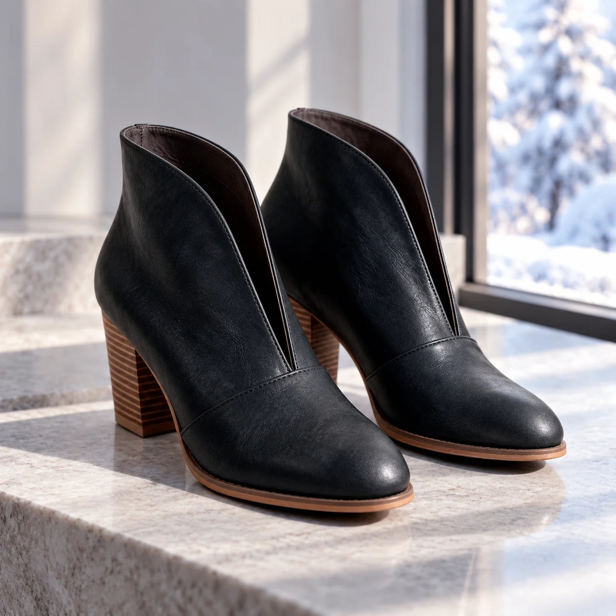 Women's V-Cut Ankle Boots with Almond Toe & Stacked Block Heel - Windowsill Stone Steps